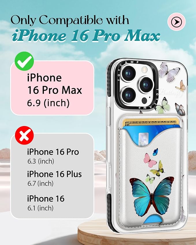 Toycamp for iPhone 16 Pro Max Case - Compatible with Magsafe Credit Card Holder Wallet Magnetic Cute Women Teen Girls Kawaii Girly Unique Butterfly Design Phone Cover for Apple 16 Promax 6.7"