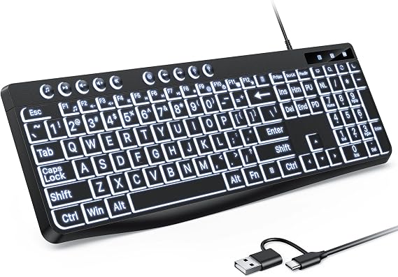 OMOTON Large Print Backlit Keyboard with Dual USB C and USB A Interface - Image 7