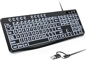 OMOTON Large Print Backlit Keyboard with Dual USB C and USB A Interface - Image 1