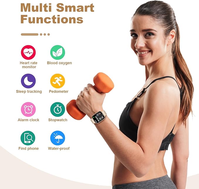 Smart Watch for Men Women Compatible with iPhone Samsung Android Phone 1.69 inch Full Touch Screen IP68 Waterproof Bluetooh Fitness Tracker Heart Rate/Sleep Monitor (Gold)