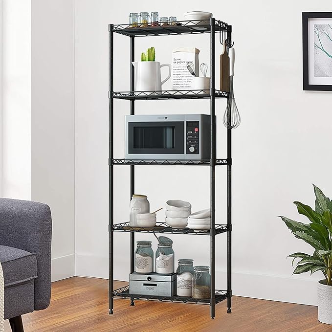 Heavy Duty Stainless Steel Kitchen Storage Rack, Adjustable Shelf Organizer with Non-Slip Mats, Black, for Cabinets, Countertops, Pantries (5-Tier Rack)