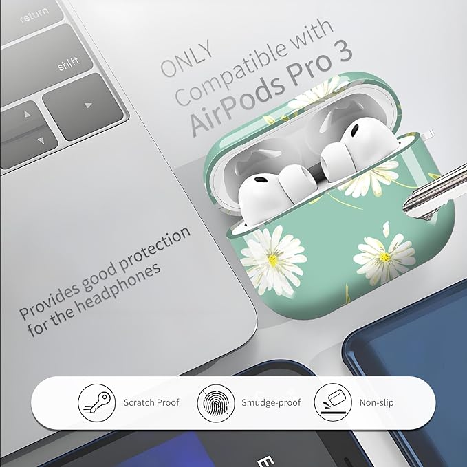 AirPod Pro 3 (2025) Case Cover for Women, Cute Shockproof TPU Protective Case with Gold Round Buckle, Anti-Drop Design Green Daisy