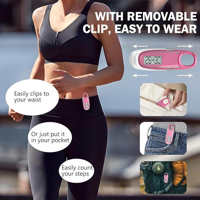 3D Pedometer for Walking with Removable Clip and Carabiner Simple Step Counter for Walking Accurate Clip On Step Tracker for Men Women Kids