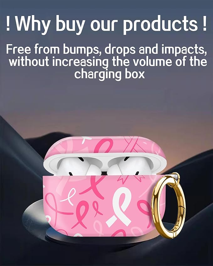 Cute Hard Case Compatible with AirPods Pro 2nd/1st Generation, Protective Cover with Golden Keychain, Fits 2023/2022/2019 Models, for Women, Girls, and Men(Pink Ribbon)