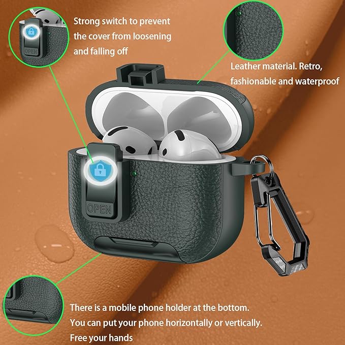 for Leather AirPods Pro 3 Case 2025| Cute Air Pods Pro 3 Case with Lock(Model A2700/A2931) | with Phone Holder & Keychain | Airpods 3 Pro Cases Cover for Man Women(ArmyGreen)