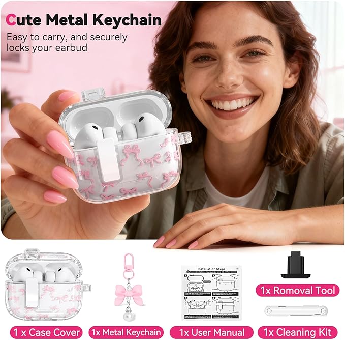 for AirPods Pro 3 Case Cute with Safety Lock & Phone Stand, Auto-Open Lid, Bow-Print Clear Case for Apple AirPods Pro 3rd Generation 2025 Cover with Cleaner Keychain for Women Girly, Pink