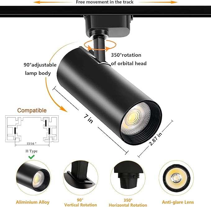 Track Light Heads, Extra Large Size High Brightness, 40W 3200lm H Track Light Heads, 6pcs 4000K Natural Light Adjustable Angle Track Lights, Suitable for H-Type 3-Wire Track Rails