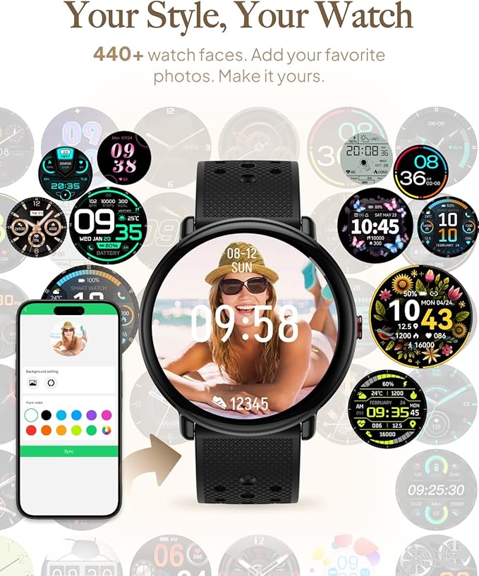 Smart Watch for Women Men, for Android iOS with Sleep & Calorie Monitor, Pedometer Fitness Tracker, Bluetooth Call, IP68 Waterproof, 112+ Sport Modes Round Face Smartwatch (Black)