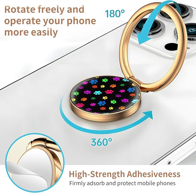 Cell Phone Ring Holder, Cute Metal Phone Grip Stand Finger Ring Kickstand, Flexible 360°Rotation Phone Tablet Case Accessories Compatible with Most Phones Cute Colorful Dos Paws