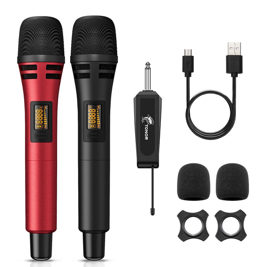 TONOR Wireless Microphones, Dual UHF Karaoke Microphone System, Microfonos Inalambricos with Rechargeable Receiver, Cordless Dynamic Mics Set for Singing, Wedding, Party, 200ft TW320, 2 Mics Black&Red