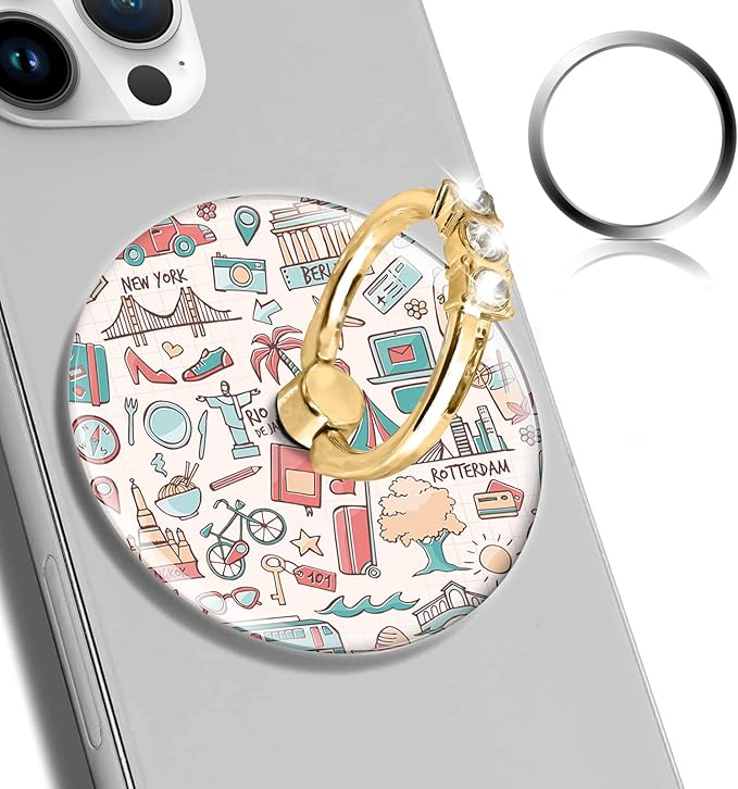 Magnetic Phone Ring Holder Compatible with MagSafe, Cute Phone Grip Stand with 360° Rotation Gold Glitter Finger Ring Kickstand Accessories for Most Phones Cute Vacation Pattern