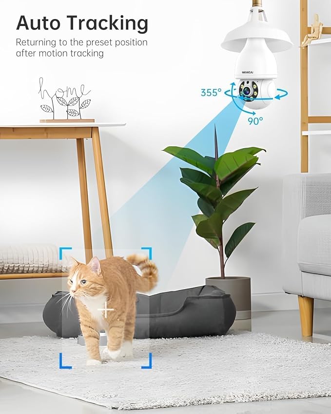 WESECUU Security Light Bulb Camera, 2K Light Bulb Security Camera Outdoor WiFi, 360° PTZ Light Socket Security Camera, Motion Detection Spotlight Siren, 24/7 Continuous Recording 2.4GHz