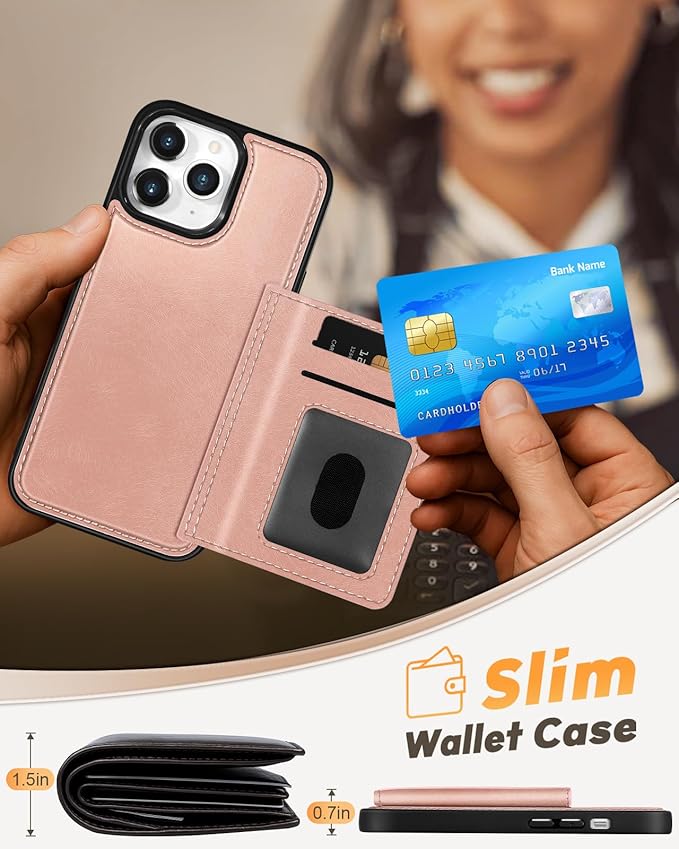 for iPhone 11 Pro Case with Wallet - Fits 4 Card Slots, Compatible with MagSafe for Women Aesthetic Durable PU Leather Credit Card Holder Kickstand Phone Cover for Apple 11 Pro, Rose Gold