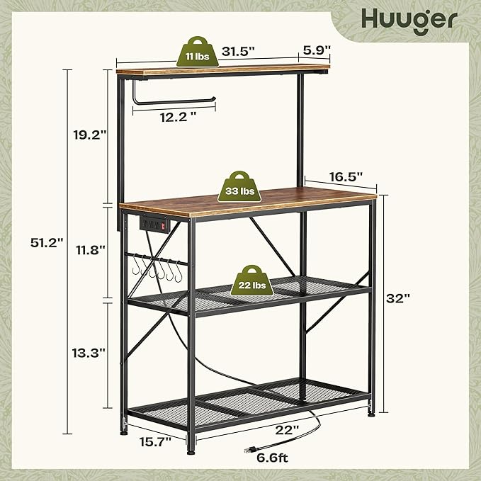 Huuger 4-Tier Bakers Rack with Reversible Power Outlet, 31.5 Inch Microwave Stand with Paper Towel Holder, Kitchen Bar, Larger Storage with Top Shelf, 6 S Hooks, Rustic Brown