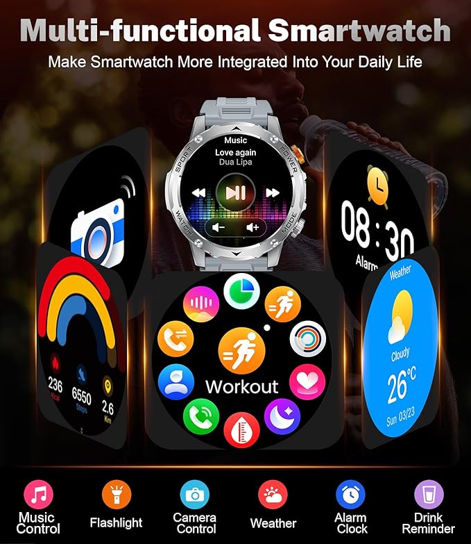 Military Smart Watches 1000 mAh Battery/Flashlight,1.75'' HD Display Smart Watch for Men with Call,IP68 Waterproof Fitness Watch with Heart Rate,Sleep Monitor,100+ Sport Modes,for iOS Android,3 Bands