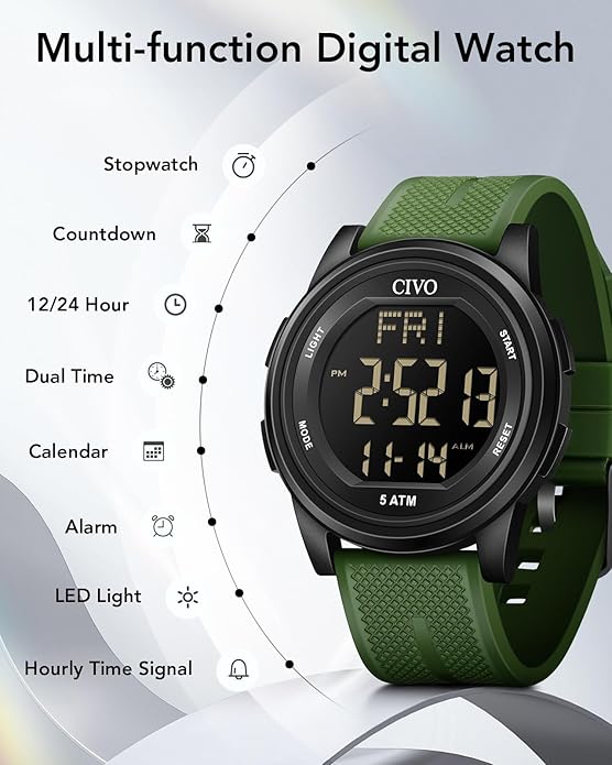 CIVO Digital Watches for Men Women: Sports Waterproof Wristwatch with Stopwatch Alarm Date - LED Backlight Big Numbers Silicone Watch for Outdoor Camping Running Cycling
