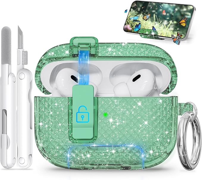 for AirPods Pro 2 Case with Phone Stand & Secure Lock, Auto-Open Clear Cover Compatible with Apple AirPods Pro 2nd/1st Gen (2023,2022,2019) with Cleaning Kit & Keychain (Shine-Clear Green)