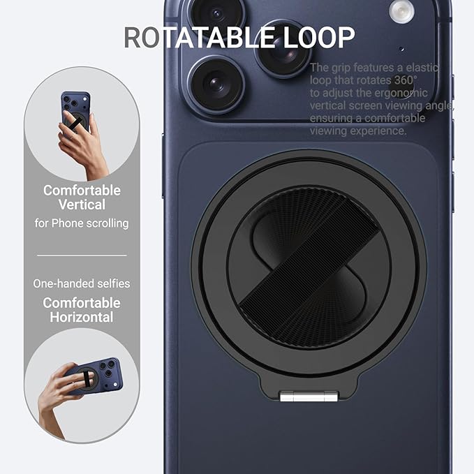 Grat 4 for Magsafe Magnetic Phone Grip Stand, 360° Rotatable Elastic Strap Loop, Detachable Ultra-Thin Aluminum Ring Kickstand Compatible with iPhone 17 Pro Max Air 16 15 14 13 12, Black
