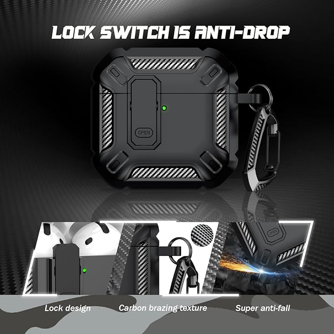 RFUNGUANGO for AirPods 4th Generation Case, Compatible with AirPods 4th Generation Case (2024), Locking Function, Military-Grade Drop Protection, with Cleaning Kit-Black