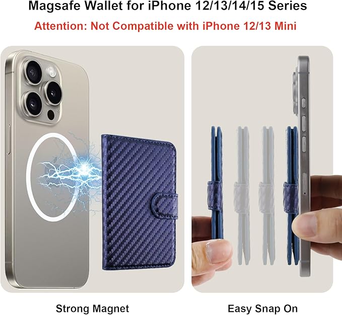Bocasal for MagSafe Wallet Magnetic Card Holder, RFID Blocking Leather Card Slots for iPhone 17/16/15/14/13/12 Pro/Max/Plus/Air, Adjustable Kickstand Flip Mag Safe Wallet (Carbon Filber Blue)