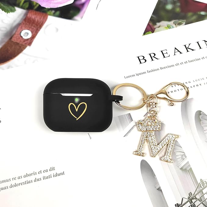 Compatible with AirPods Pro 3 Case Cover (2025), Soft Silicone Case with Gold Heart Pattern for AirPods Pro 3rd Generation Case with Rhinestone Studded Letter A-Z Keychain (M Black)