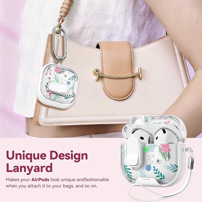 with Safety Lock for Apple AirPods 4 Case,Clear Floral Cute AirPod 4th Generation Case with Phone Stand & Cleaning Kit for Women Girly-Orange Flower-Raspberry
