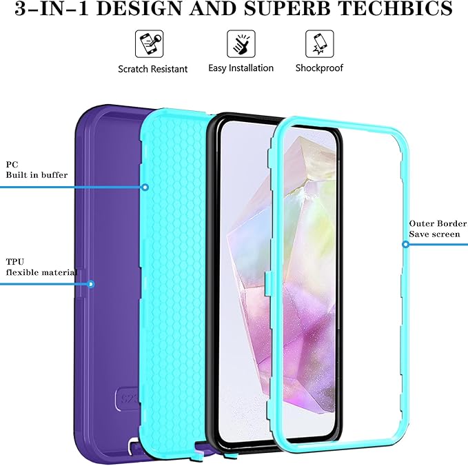 ONOLA Compatible with Samsung Galaxy S26 Case with HD Screen Protector, Heavy Duty Shockproof & Dropproof 3-Layer Cover Phone Case for Galaxy S26 6.3''，PurpleSkyBlue