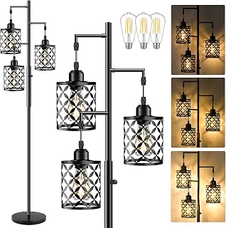 68" Industrial Tree Floor Lamp, Dimmable Farmhouse Tall Standing Lamp with Quatrefoil Cutout Shades & Rotary Dimmer Knob, Corner Light for Living Room Bedroom, 3 x800LM Bulbs Included-Black - Image 1