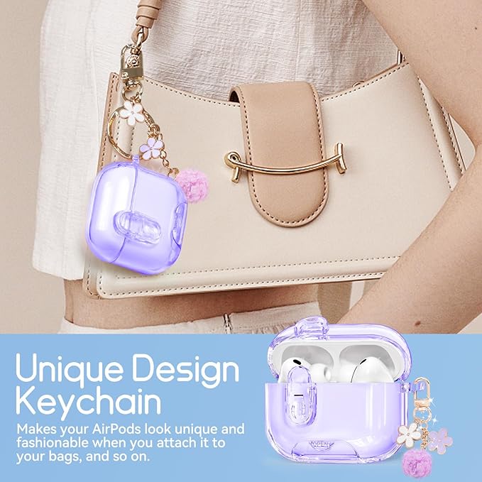 Clear Case for AirPods Pro 3 Case Cover with Safety Lock,Soft TPU Cover with Phone Stand & Cleaning Kit,Cute Bling Keychain for Women Girls-Clear Purple