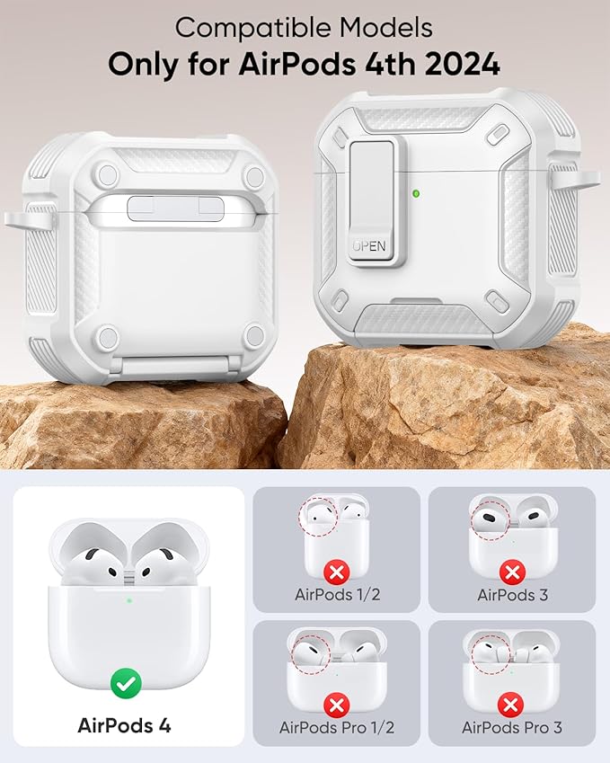 MoKo for AirPods 4 Case with Lock 2024 - Compatible with MagSafe, Phone Stand & Auto Pop-up for AirPods 4th Generation Case, Military-Grade Protective Cover with Cleaner Kit, White