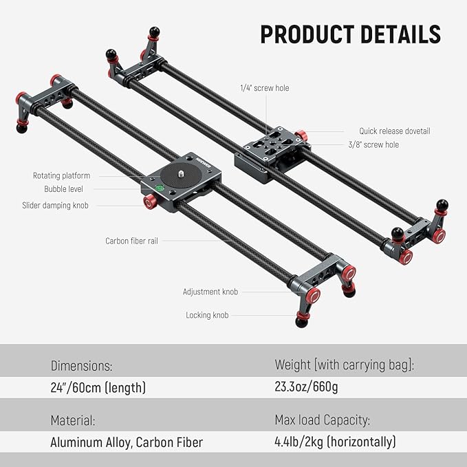 NEEWER 24in/60cm Carbon Fiber Camera Slider with 360° Ball Head/Phone Clamp/Action Camera Mount, Dolly Rail Track with 4 Bearings & Adjustable Legs, Compatible with GoPro Insta360 iPhone Android, CS2M