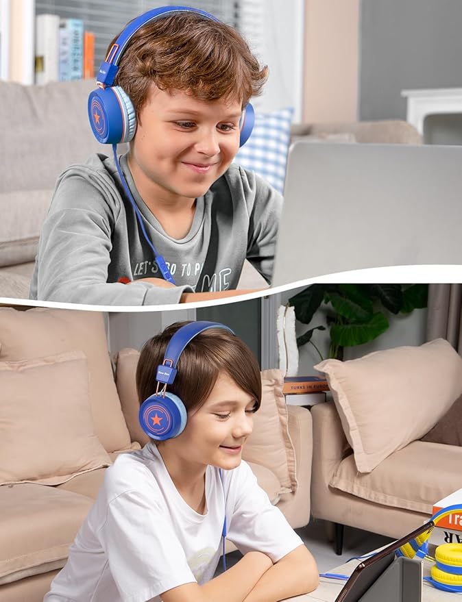 New Bee Kids Headphones for School with Microphone KH20 HD Stereo Safe Volume Limited 85dB/94dB Foldable Lightweight On-Ear Headphone for boy Mac/Android/Kindle/Tablet/Pad(Royal Blue)
