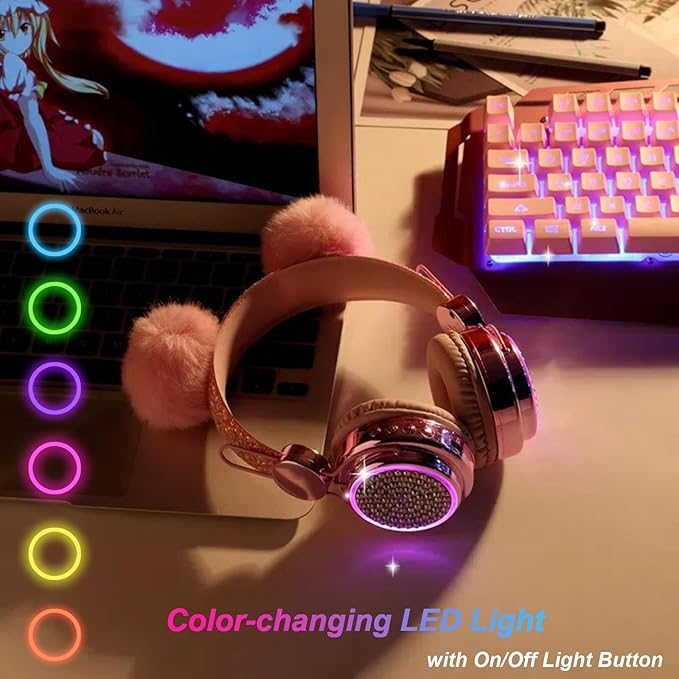 Kids Headphones Wireless Bluetooth 5.3 Colorful LED Lights Over-Ear 85dB Volume Limited Girls Headphones for Children/Teens/Gift/School/Tablet/Travel (Pink)