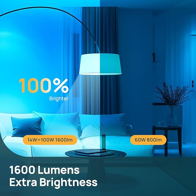 Linkind Smart Light Bulbs, 1600LM (100W Equivalent) Smart Bulb, Work with Alexa & Google Home, RGBTW Color Changing Bulb Music Sync, 2.4GHz Wi-Fi & Bluetooth, LED Alexa Light Bulbs 14W, A21 E26, 4Pack