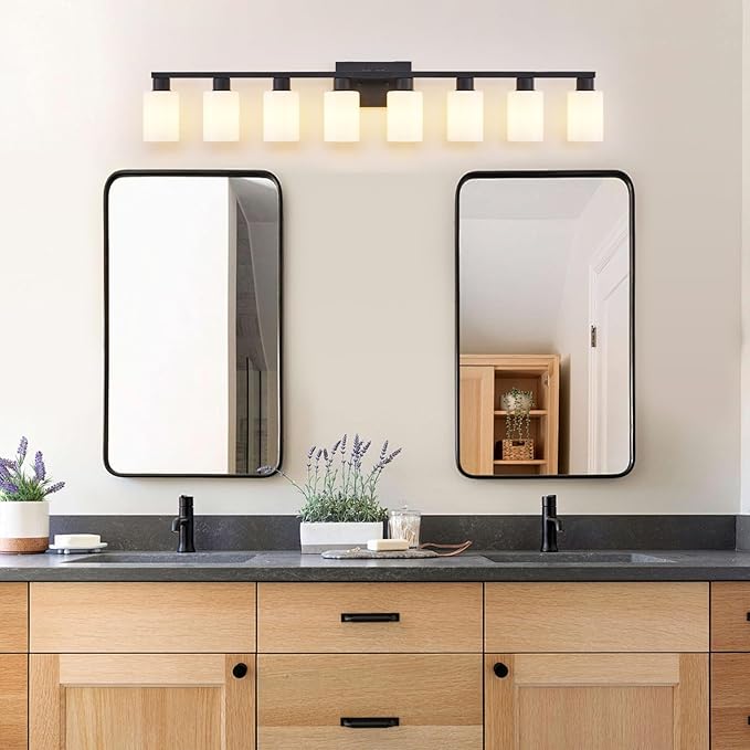8 Light Bathroom Vanity Light, Black 8-Light Bathroom Light Fixtures, Vanity Lights for Bathroom with Milky White Frosted Glass Shades, Lighting Fixtures Over Huge Mirror, Wall Lamp for Living Room