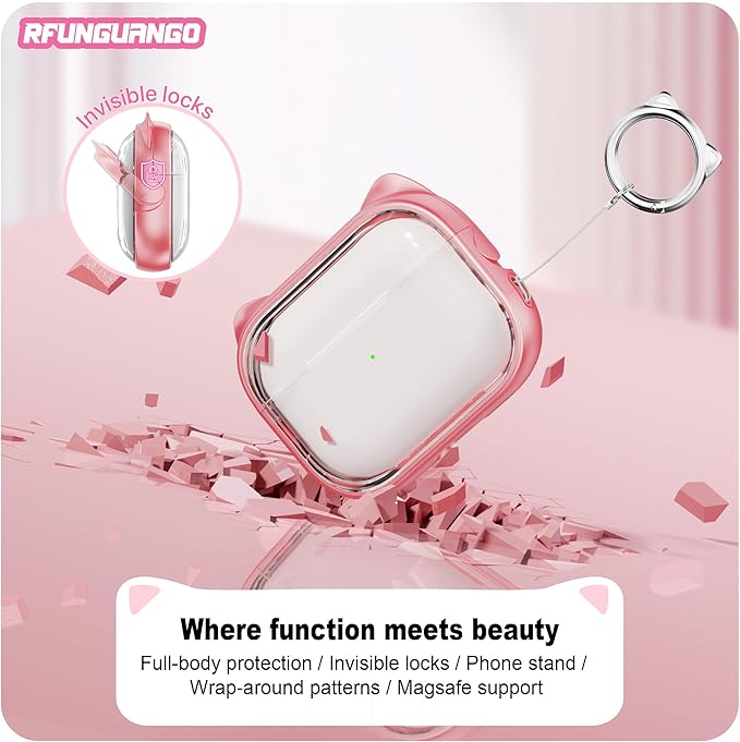 RFUNGUANGO AirPods Pro Case for Women Girly Cat Case with Lock, Phone Stand, Keychain & Cleaner Kit, Compatible with Apple Airpods Pro 2nd/1st Generation Case Cover, Transparent Pink