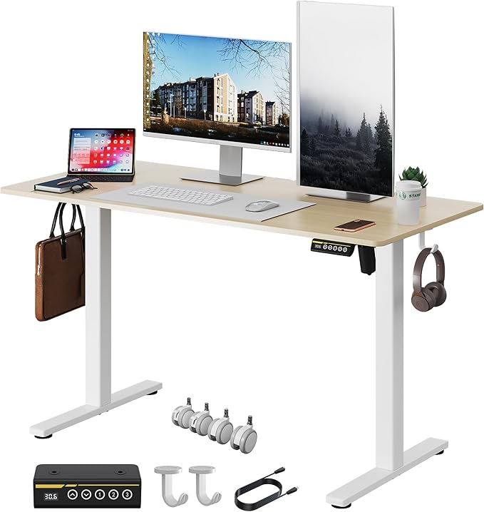 Electric Standing Desk48 x24 Adjustable Height Stand Up Desk with Lockable Wheels Ergonomic Sit Stand Desk for Work Office Home Computer Workstation (Nature)