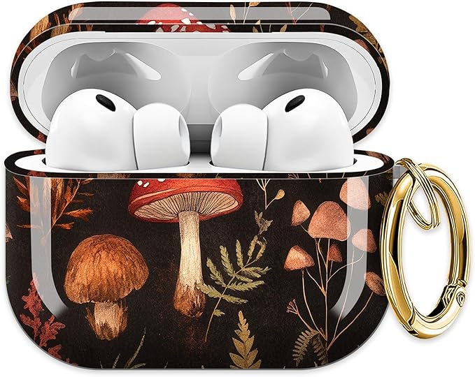 Cute Hard Case Compatible with AirPods Pro 3rd Generation Case (2025), Shockproof Protective Cover with Golden Keychain Ring Clip (Cute Mushroom)