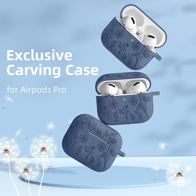 Lerobo Compatible with Apple Airpods Pro 2nd 1st Generation Case Cute Flower Engraved Cover Soft Silicone Skin Cover Full Protective Case for AirPod Pro/Pro 2 Case USB C, Front LED Visible, Blue Gray