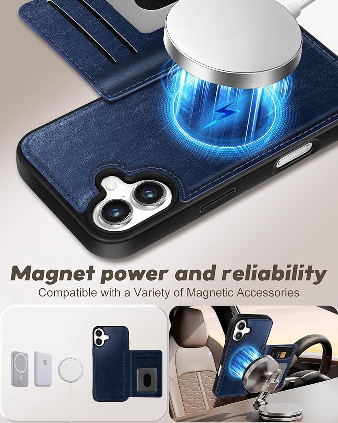 for iPhone 16 Wallet Case - Fits 4 Card Slots, Compatible with MagSafe for Women Aesthetic Durable PU Leather Credit Card Holder Kickstand Phone Cover for Apple 16, Blue