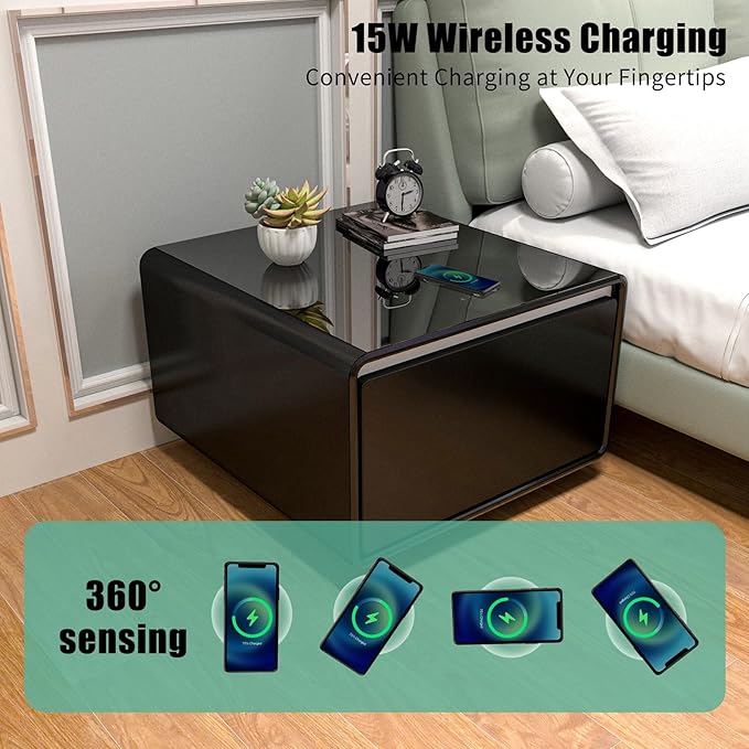 Smart Side Table with Fridge, Smart Nightstand with Refrigerator, Induction Light, Temperature Control, Wireless Charging, Power Socket, USB Ports, Outlet Protection (Black, LT65 Pro)