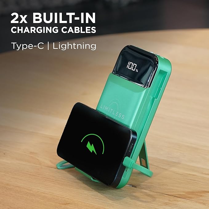 Limitless Innovations Ultimate Pro 15,000mAh Portable Power Bank PD 20W with Built-in Cables, Wireless Charging, Flashlight, Wall Plug, & Digital Display, for iPhone, Samsung, & More (Green Metallic)