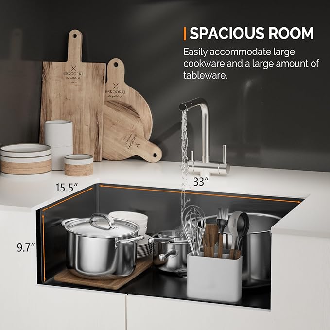 ROVSUN 33 Inch Stainless Steel Undermount, Kitchen Utility Sink, Workstation Deep Single Bowl, Integrated Ledge Multifunctional Workstation Sink Set,Black