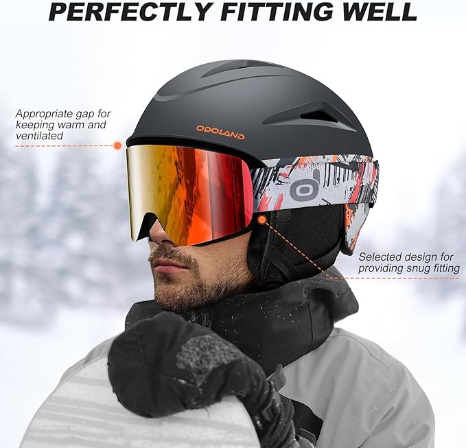 Odoland Ski Helmet, Snowboard Helmet with Ski Goggles for Adults and Youth, Audio Compatible, Shockproof, Windproof, Safety Snow Sports Helmet and Protective Glasses for Men Women