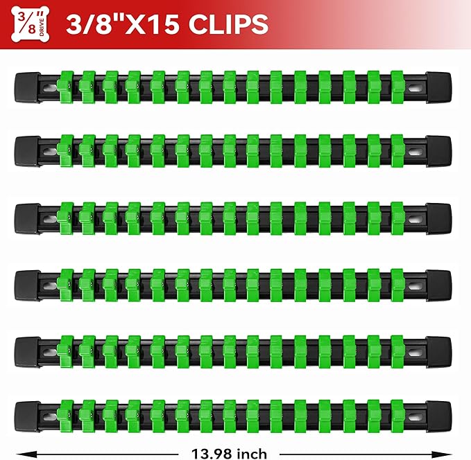 ALOANES 6PC ABS Socket Organizer, Socket Rails Fit 3/8 inch Drive, Heavy Duty Socket Holders Hold up to 90 Sockets, Black Rails with Green Clips