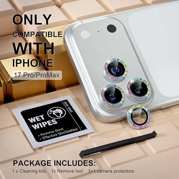 Misea Compatible for iPhone 17 Pro/iPhone 17 Pro Max Camera Lens Protector Bling, 9H Tempered Glass Camera Cover Screen Protector Metal Individual Ring Decoration Accessories, Colorful Glitter