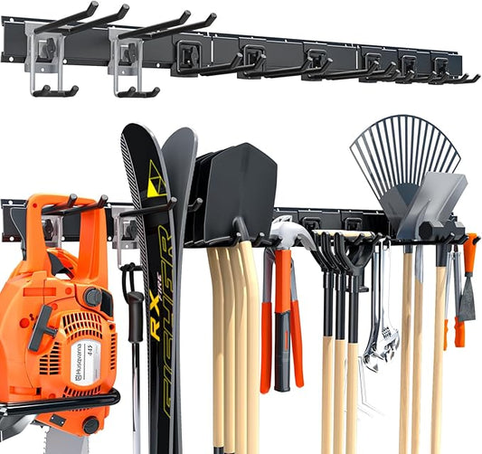48-Inch Heavy Duty Garage Tool Organizer, Wall Mount Storage System with Adjustable Metal Hooks, 440lbs Capacity, Ideal for Garden Tools, Shovels, Rakes, Brooms, Ladders (48‘’ Metal Hooks)