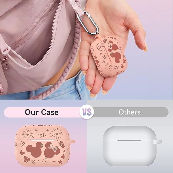 Compatible with Airpods Pro 2nd/1st Generation Case Cover with Keychain, Women Men Soft Silicone Two-Tone Cute Cartoon Engraved Convenience Protective Case, Front LED Visible Pink/Deep Pink