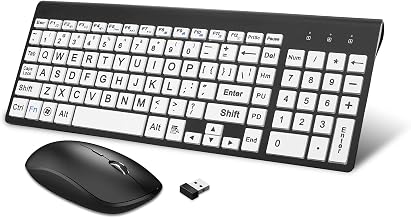 HXMJ-Wireless Large Print Keyboard and Mouse Set with USB Receiver| Quiet Scissor Switch | for Seniors and Visually Impaired Low Vision Individuals-White - Image 1