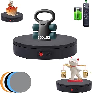 JAYEGT Motorized Rotating Display Stand ,330 Lbs Load ，360 Degree Electric Rotating Photography Turntable For Products Display，Video Show, Live Show，Remote Control+5 Colors Backgrounds (Black / 11.8inch / Rechargeable)
